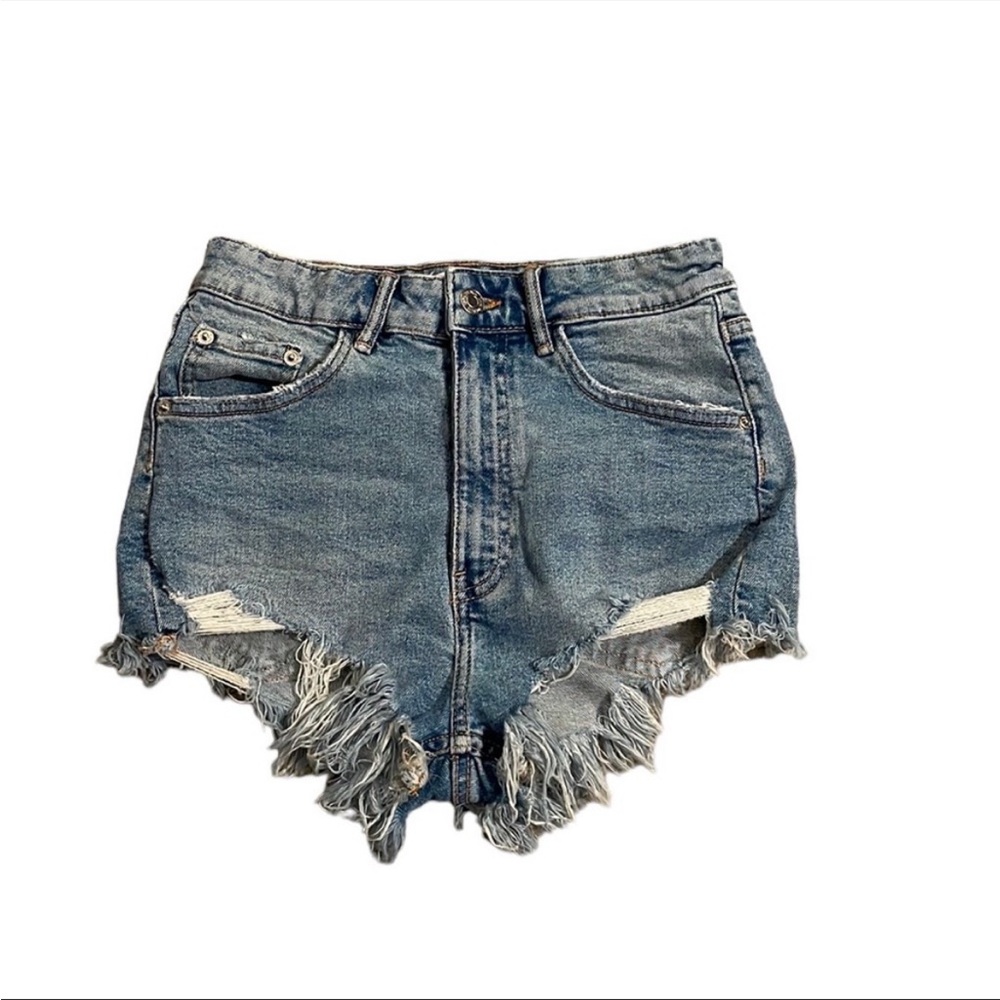Zara Woman's 4 Light Wash High Rise Distressed Frayed Hem Jean Shorts